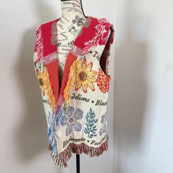 Tapestry Vest Floral Botanical Cottagecore Fringe Sleeveless Jacket L/XL‎ - Picture 1 of 6